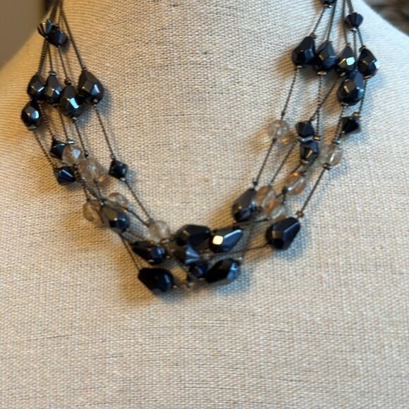 Vintage Gunmetal Grey 5 Strand Choker Necklace with Black & Smoky Faceted Beads. - Picture 2 of 4